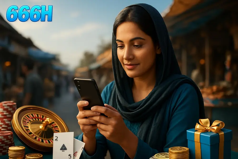 666H app โ a Pakistani woman standing outdoors using her phone with a soft glow reflecting on her face near a market 666H app โ a Pakistani woman standing outdoors using her phone with a soft glow reflecting on her face near a market