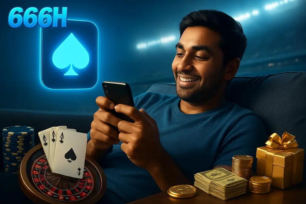 666H app โ a young Pakistani man lying on a couch playing games on his smartphone with a glowing app icon interface 666H app โ a young Pakistani man lying on a couch playing games on his smartphone with a glowing app icon interface