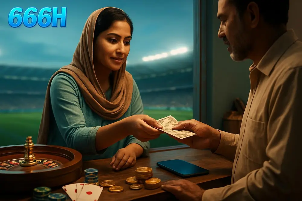 666H deposit — a Pakistani woman at a small shop counter handing cash to a shopkeeper with a phone displaying a