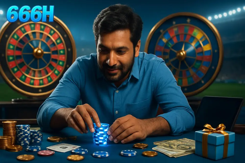 666H games — a Pakistani man leaning over a table stacked with glowing chips as colorful game wheels spin in the