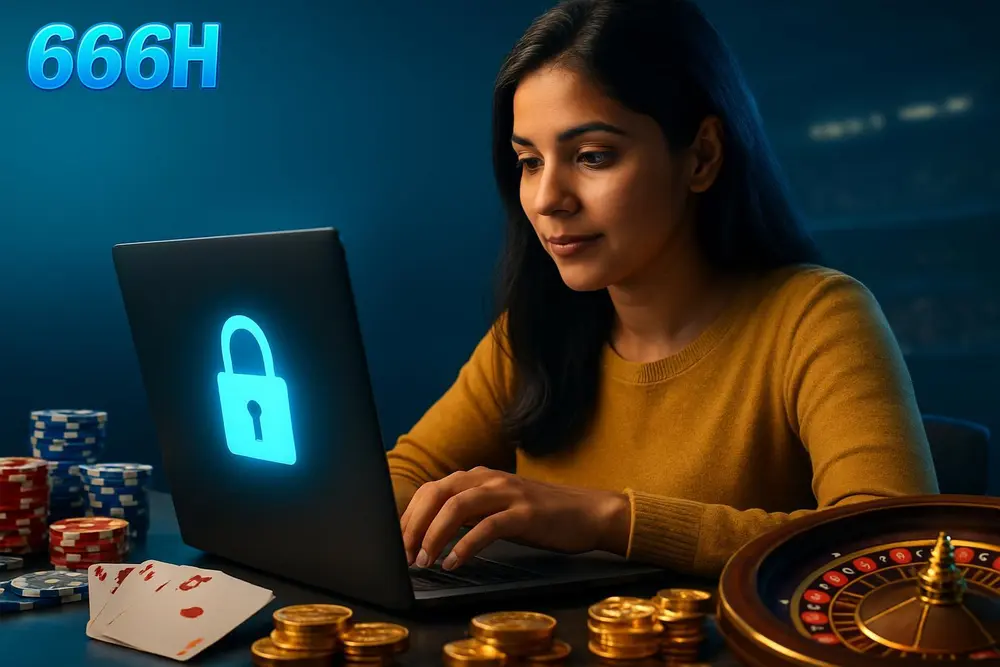 666H login โ a young Pakistani woman typing on a laptop keyboard with a glowing lock icon hovering above the screen 666H login โ a young Pakistani woman typing on a laptop keyboard with a glowing lock icon hovering above the screen