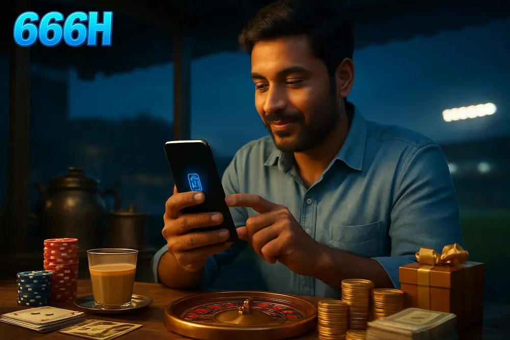 666H login โ a Pakistani man unlocking his phone screen with a fingerprint while sitting at a tea stall in the evening 666H login โ a Pakistani man unlocking his phone screen with a fingerprint while sitting at a tea stall in the evening