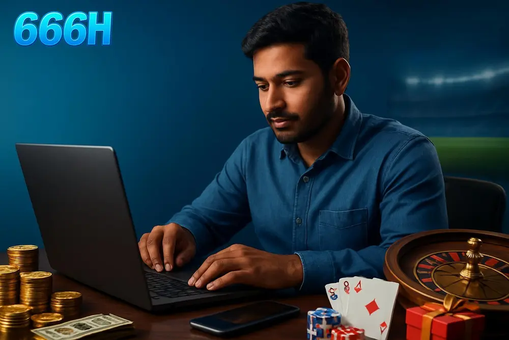 666H register โ a young Pakistani man sitting at a desk filling out a registration form on his laptop with a 666H register โ a young Pakistani man sitting at a desk filling out a registration form on his laptop with a