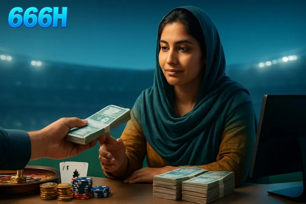 666H withdraw — a Pakistani woman receiving cash at a bank counter with stacks of local currency notes visible on